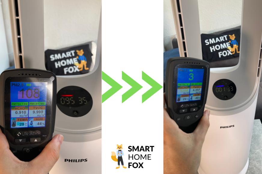 Das Messgerät wird neben dem Philips Air Performer 7000 zum Anfang des Luftreinigungstests und zum Ende gezeigt, zu sehen sind die Messwerte zum Test: PM10, Pm2,5 TVOC und HCHO.